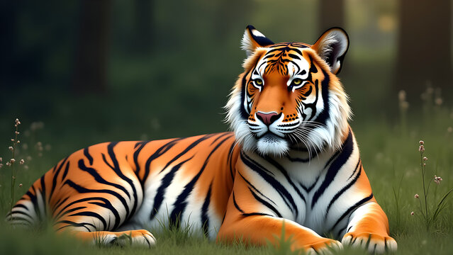 Peaceful Tiger Resting on Grass in Natural Habitat for Wildlife Photography and Poster Design