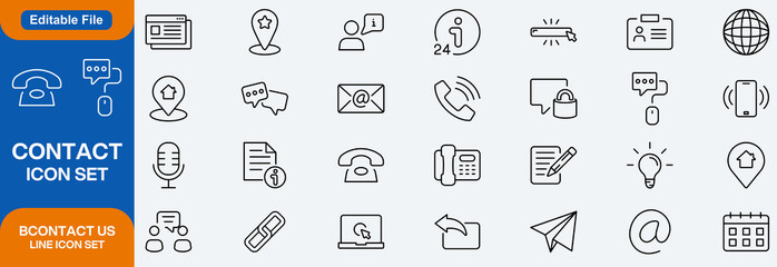 Contact us web icons set. Contact us - simple thin line icons collection. Containing mail, web site, chat, phone, email address, customer service, call symbol and more. Simple web icons set