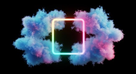 3d Rendering Neon Square Frame with Smoke Cloud Background Abstract