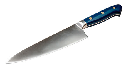 A close-up of a professional chef's knife with a blue handle