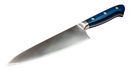 A close-up of a professional chef's knife with a blue handle