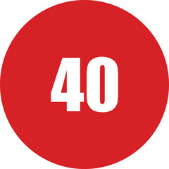 Vector illustration of a red circular speed limit sign with bold white “40” text, representing a 40 kmh maximum speed. Suitable for road safety graphics, driving instructions, transportation signal
