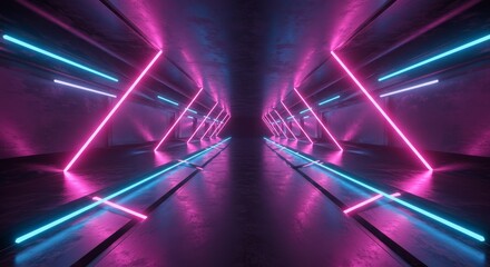 Naklejka premium 3d Rendering Neon Tunnel with Glowing Lights and Futuristic Structure