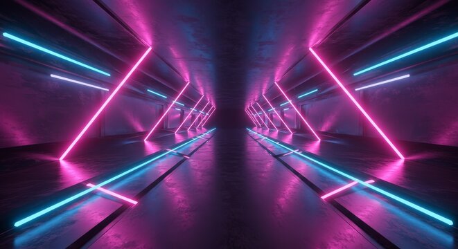 3d Rendering Neon Tunnel with Glowing Lights and Futuristic Structure