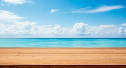 Naklejka premium Wooden Table on Tropical Beach with Azure Sea and Cloudy Blue Sky