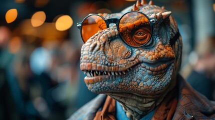 A stylish dinosaur wearing round glasses and a fashionable outfit presents a humorous blend of fantasy and style, sparking imagination and creativity in a modern context.