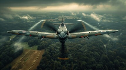 Naklejka premium An aerial view of a vintage fighter plane cutting through moody clouds, capturing the essence of aviation history and the thrill of flight in an intense setting.
