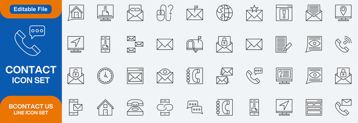 Contact stroke icon set. Containing e-mail, phone, address, customer service, call, website, and more. Editable stroke icons. Vector collection outline.