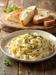 Creamy Fettuccine Alfredo Pasta with Toasted Bread on the Side