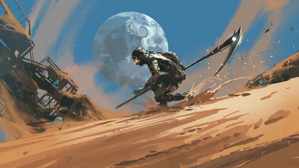 Fototapete A high-tech armored warrior wields a glowing scythe while moving through a windswept desert filled with ruined structures and a massive moon overhead, digital art style, illustration painting © grandfailure