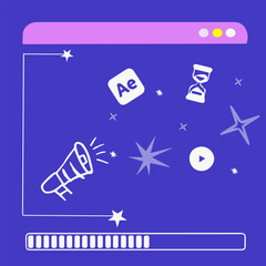 Creative web interface with media content elements, After Effects icon, megaphone notification, loading bar, play button, and abstract stars &ndash; modern flat vector design for digital platforms