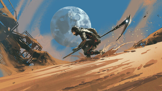 Fototapeta A high-tech armored warrior wields a glowing scythe while moving through a windswept desert filled with ruined structures and a massive moon overhead, digital art style, illustration painting