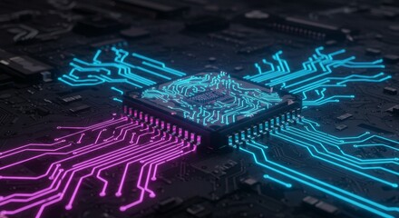 3D Rendering of Electronic Circuit Board with Glowing Microchip