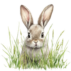 Baby Rabbit Peeking Grass, watercolor illustration vector, high quality, isolated on a white background.