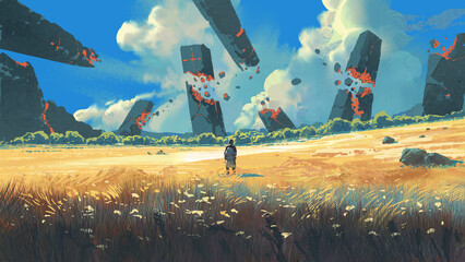 Naklejka na ściany i meble A traveler stands in a wide yellow grassland staring at massive dark monoliths breaking apart and levitating under a bright blue sky, digital art style, illustration painting