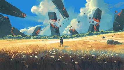 Fototapete A traveler stands in a wide yellow grassland staring at massive dark monoliths breaking apart and levitating under a bright blue sky, digital art style, illustration painting © grandfailure