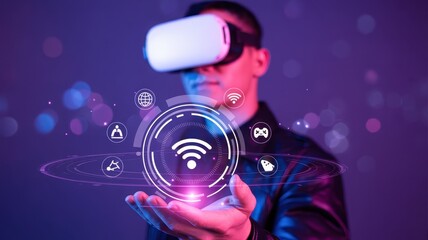 Person wearing vr headset interacting with holographic interface.