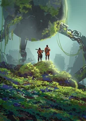 Fototapete Two armed explorers stand on a lush hilltop facing a massive, vine-covered robotic machine in a futuristic jungle filled with ruins and regrowth, digital art style, illustration painting © grandfailure