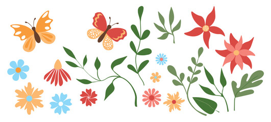 Floral set hand drawn color flowers, leaves, plants. Spring and summer cute isolated elements. Clip art for stationery, web design. Modern floral compositions. Vector illustration.