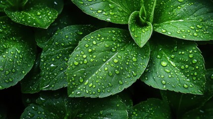 Fototapeta premium An intricate close-up of leaves adorned with glistening raindrops, symbolizing freshness and the beauty of nature, creating a serene atmosphere filled with life's essentials.