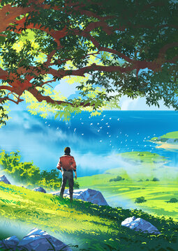 Fototapeta A man in a red jacket stands beneath a large tree on a sunlit hilltop, gazing out over a bright blue ocean and lush green coastal landscape, digital art style, illustration painting