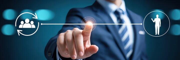 Business person interacting with digital interface of personnel transfer.