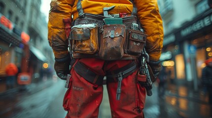 A worker stands confidently in the city, dressed in bright gear and sturdy tools, ready to take on the day's construction challenges with skill and safety.