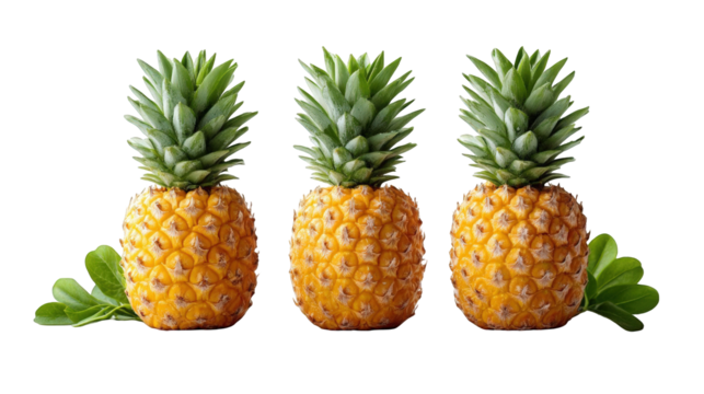 Three ripe pineapples arranged in a row with green leaves, isolated on a white background