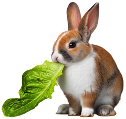 Adorable bunny eating a fresh green lettuce leaf, transparent background png