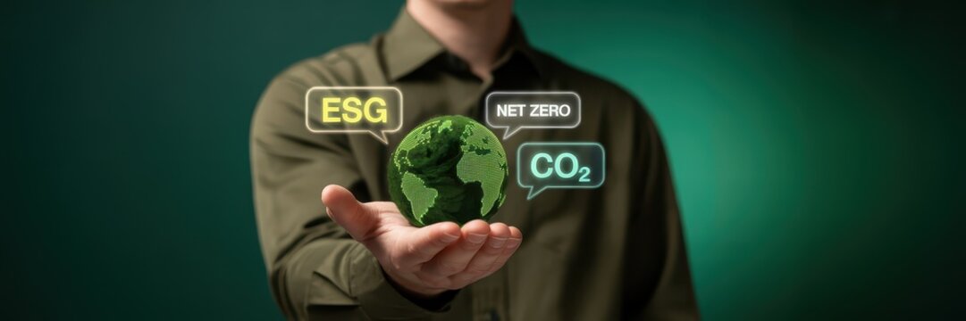 Person holding a digital representation of the earth with sustainability concepts.