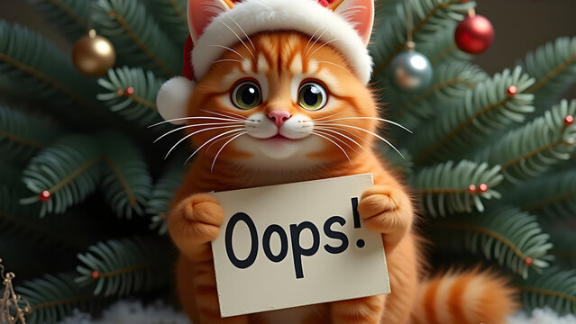 ginger cat in Santa hat holding note Oops in the background of a fallen Christmas tree