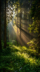Fototapeta premium Morning Sunlight Streaming Through Enchanted Forest