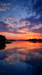 Obraz premium Tranquil Sunrise Reflection on a Calm Lake