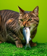 Tabby Cat Holds Fish in Mouth Outdoors