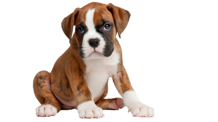 A cute boxer puppy with captivating brindle fur sits and gazes at the viewer with sweet eyes.