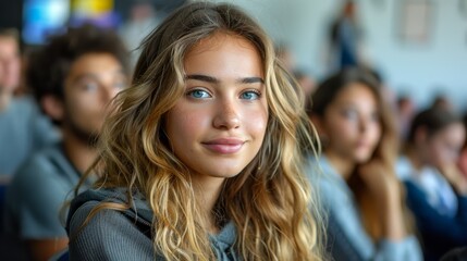 Fototapeta premium A captivating portrait of a young woman in a candid setting, showcasing her natural beauty and engaging smile, surrounded by a blurred background of peers reflecting youthful vibrancy.