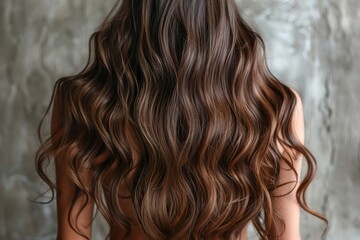 Naklejka premium A captivating view of long, luscious hair cascading down a person's back, reflecting beauty and elegance against a softly textured background, evoking graceful femininity.