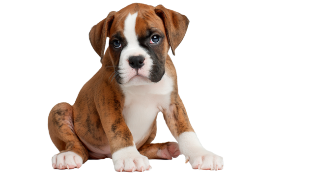 A cute boxer puppy with captivating brindle fur sits and gazes at the viewer with sweet eyes.