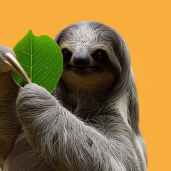Fototapeta premium Smiling Sloth Holding a Green Leaf in its Paws