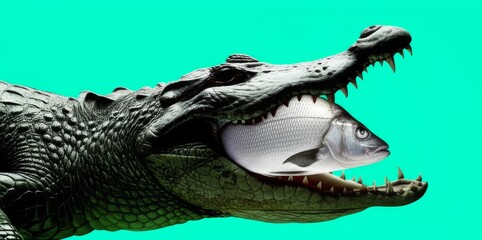 Crocodile with a fish in its mouth on a solid background