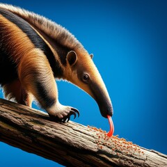 Anteater eating ants on a branch against a blue background