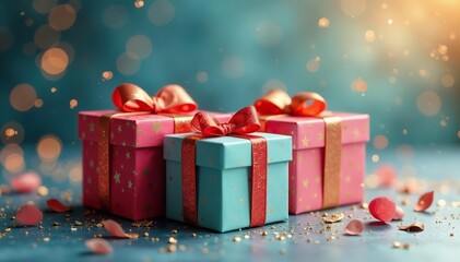 Vibrant gift boxes, gold accents, ethereal glow, thread, jewel, holiday