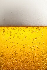 Close-up of a beer texture background with foam and bubbles on top, with copy space for design.