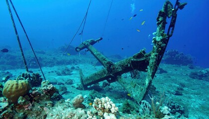 Submerged Legacy: A Tranquil Underwater Scene Featuring a Moss-Covered Anchor