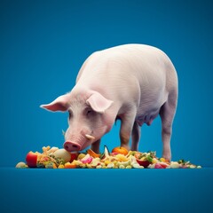 Pink pig eating food scraps on a blue background