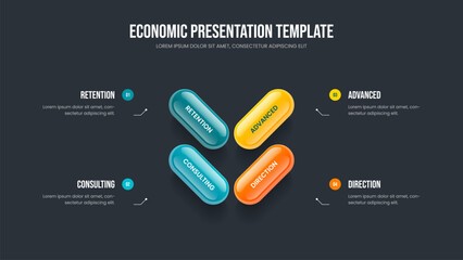Corporate Portfolio Slideshow Layout Vector Illustration. Financial Performance Four Element Infographic Slide Template. Creative Showcase 4 Step Diagram Presentation Design.