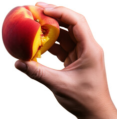 Hand holding a ripe peach with a bite taken out, transparent background png