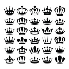 Royal Crown Icon Set – Black Silhouettes Collection for Graphic Design