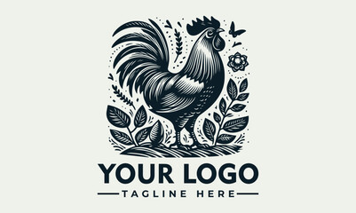 Rooster standing upright with detailed feather texture and large tail in bold monochrome illustration style. Animal concept
