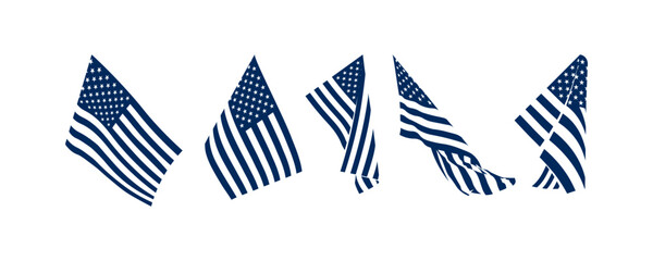 Monochrome USA flags on poles in different angles and wind positions. American flag silhouettes in waving motion. Vector set isolated on white for patriotic poster and banner design